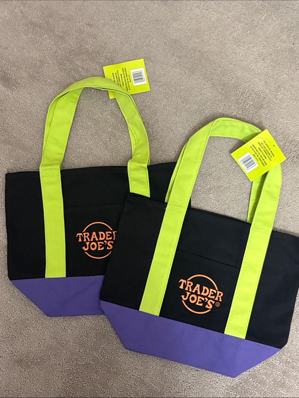 Trader Joe Black & Lime Canvas Tote with Purple x 2 brand new
